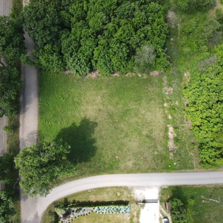 Aerial view of a rectangular grassy empty lot bordered by dense trees, with a curved road at the bottom and a path along the left edge.