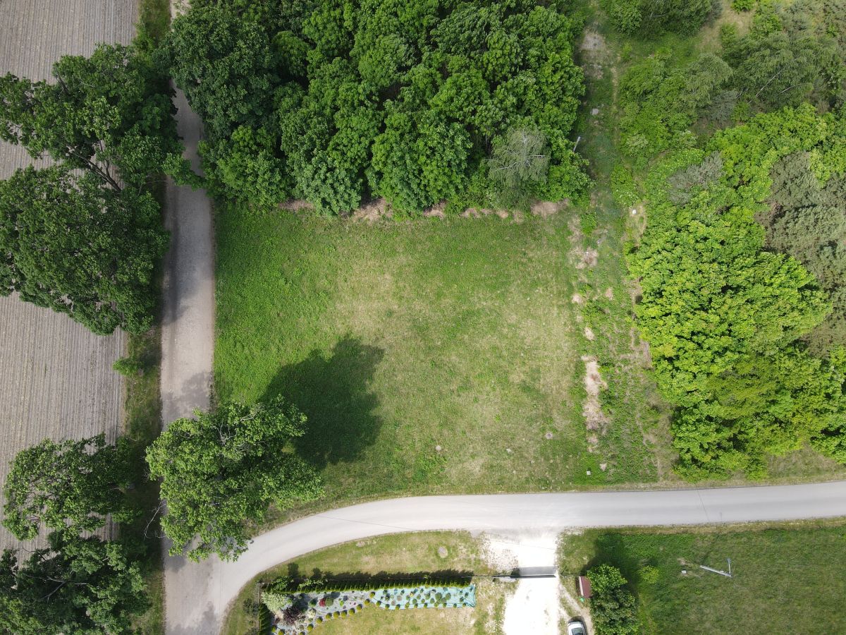 Aerial view of a rectangular grassy empty lot bordered by dense trees, with a curved road at the bottom and a path along the left edge.