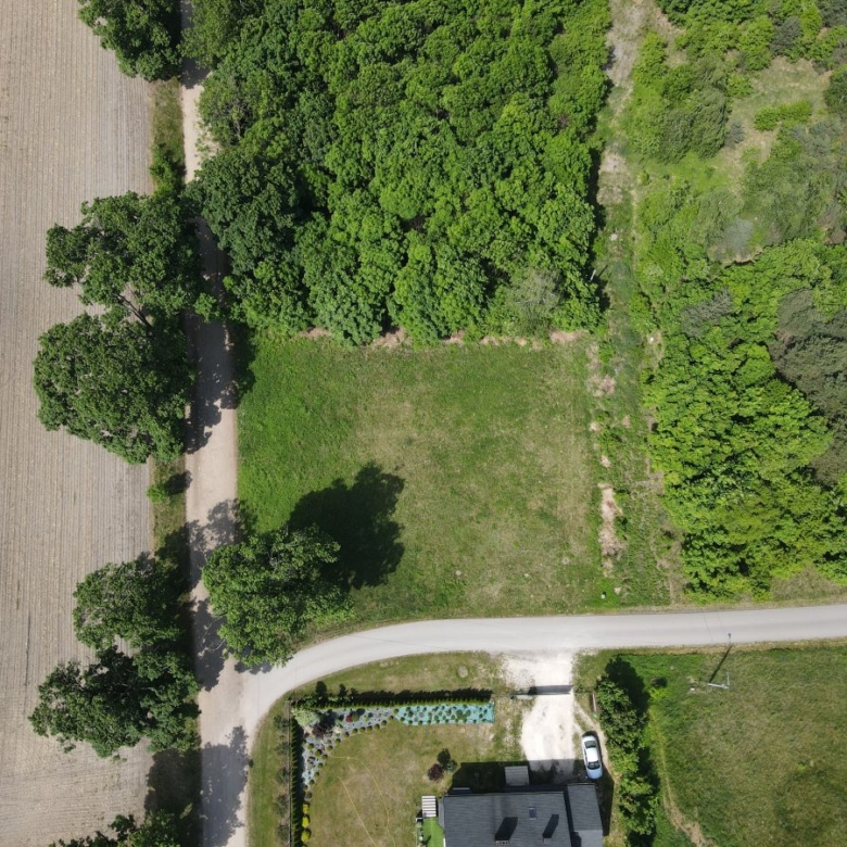 Aerial view of a rural property: a curved road to a house, a grassy yard, and dense trees on both sides with a plowed field to the left.