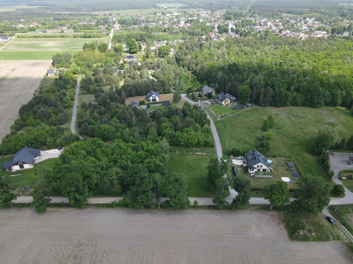 Aerial view of a rural neighborhood with houses amid dense trees and open fields, a curved road cutting through the greenery.