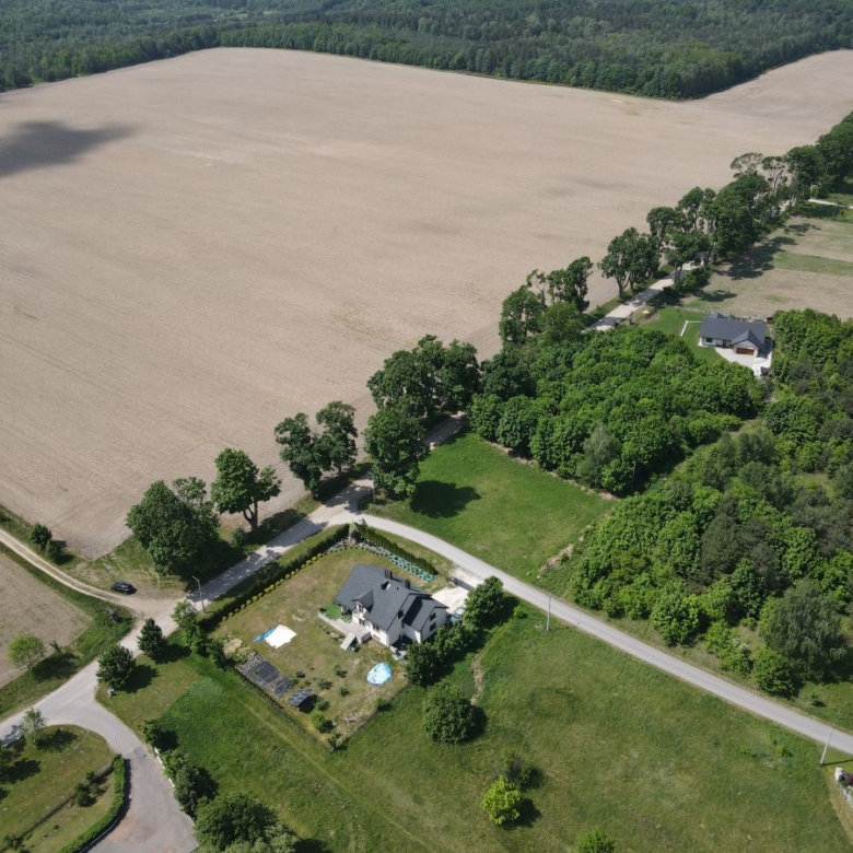 Aerial view of a rural landscape showing a large harvested field bordered by a line of trees and a winding road with houses and green yards nearby.