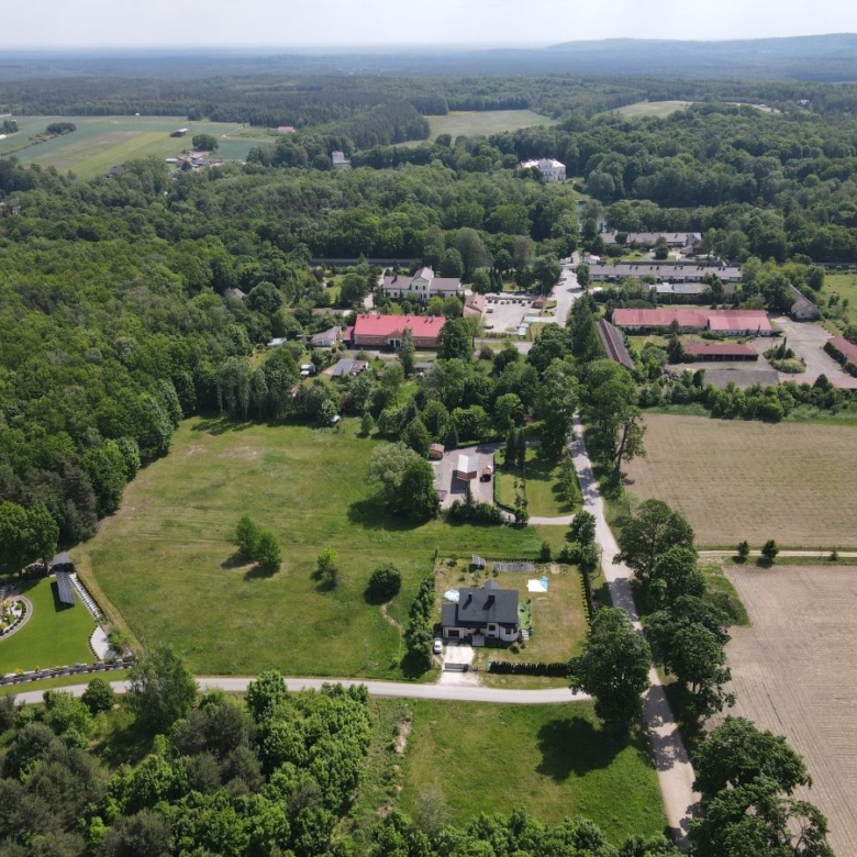 Aerial view of a rural village with green fields, trees, and scattered houses along a road network