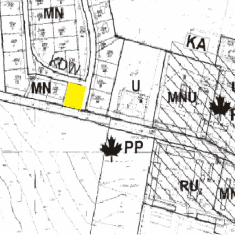 Parcel map with a yellow-highlighted lot along a road, surrounded by parcels labeled MN, U, MNU, UA, PP, RU.