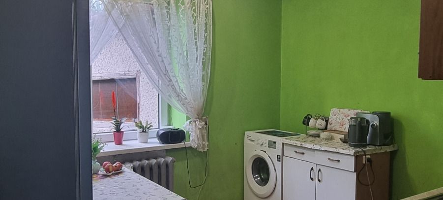 Bright green kitchen with a window, lace curtain, and potted plants on the windowsill; a washing machine and small counter with appliances nearby.