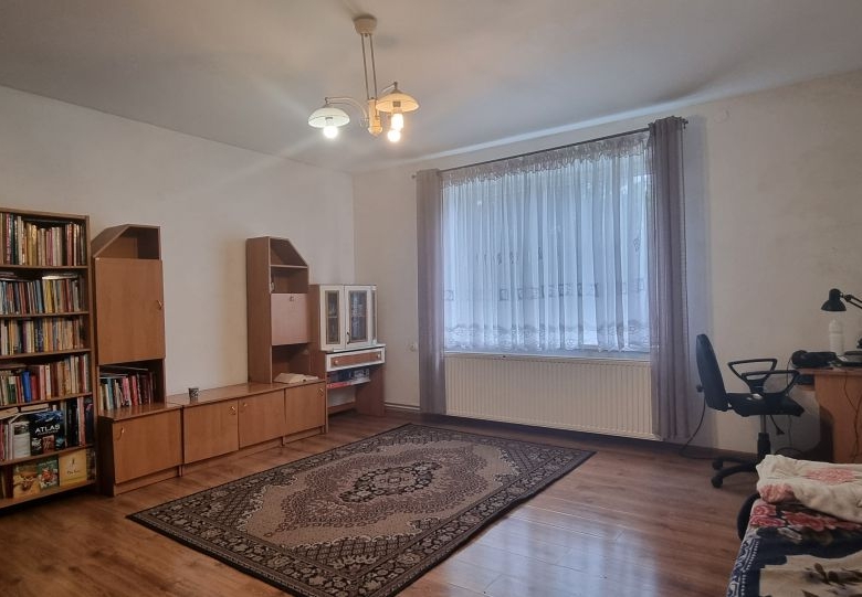 Living room with wooden shelves and cabinets along the left wall, a window with lace curtains, and a patterned area rug in the center.