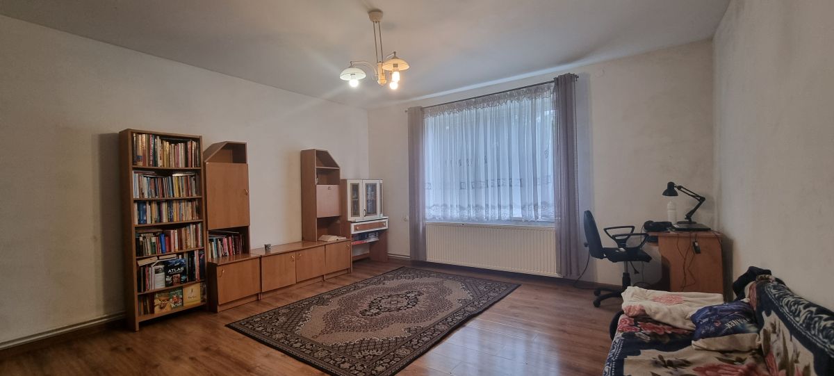 Living room with wooden shelves and cabinets along the left wall, a window with lace curtains, and a patterned area rug in the center.