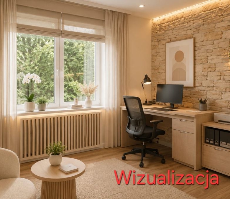 Modern home office with light wood desk, black chair, monitor, stone accent wall, and a large window with sheer curtains.