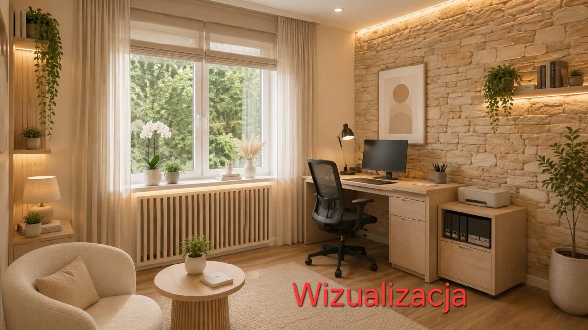 Modern home office with light wood desk, black chair, monitor, stone accent wall, and a large window with sheer curtains.
