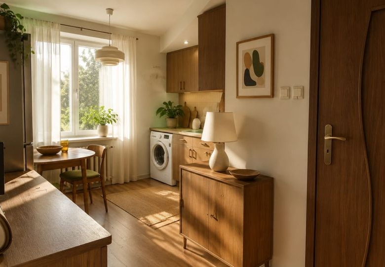 Sunlit kitchen and dining nook with wooden cabinets, a washing machine, and potted plants by a window.