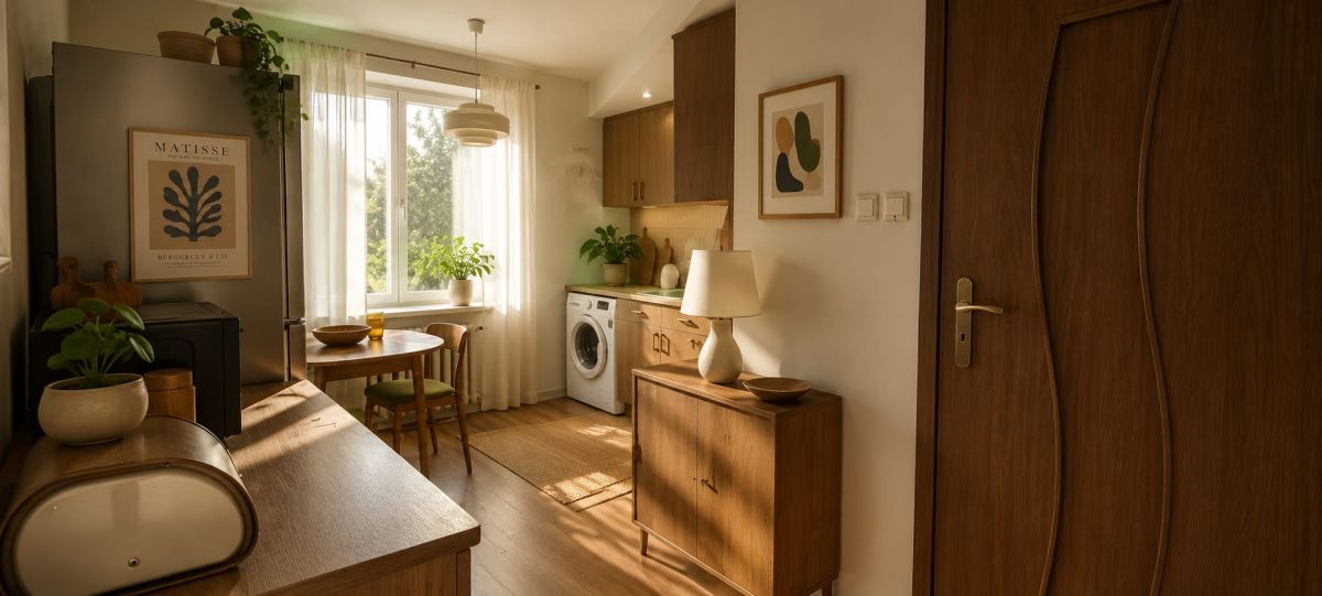 Sunlit kitchen and dining nook with wooden cabinets, a washing machine, and potted plants by a window.