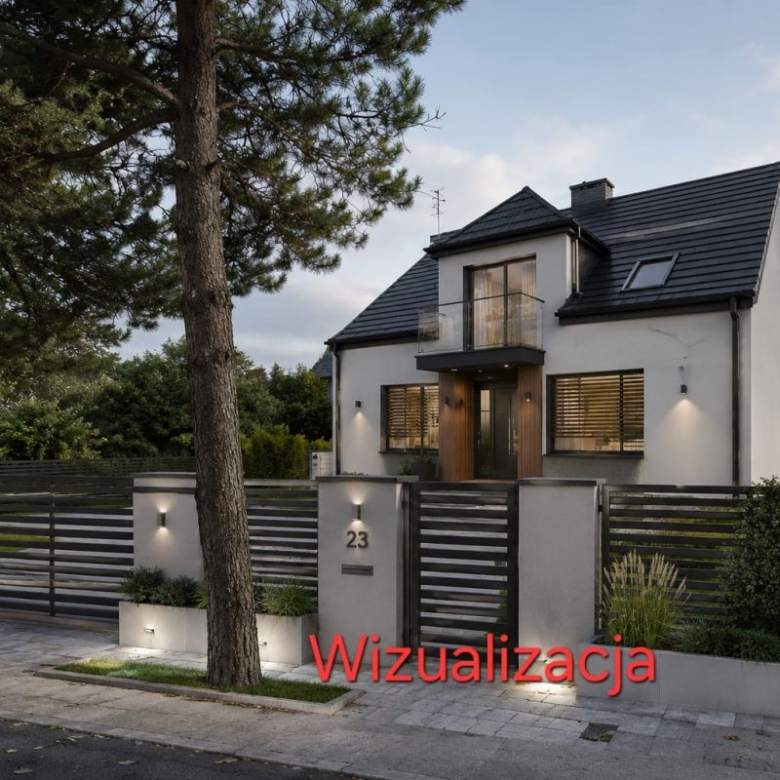 Modern two‑story white house with black roof behind a gray slatted fence and gate, surrounded by trees and a landscaped front yard.