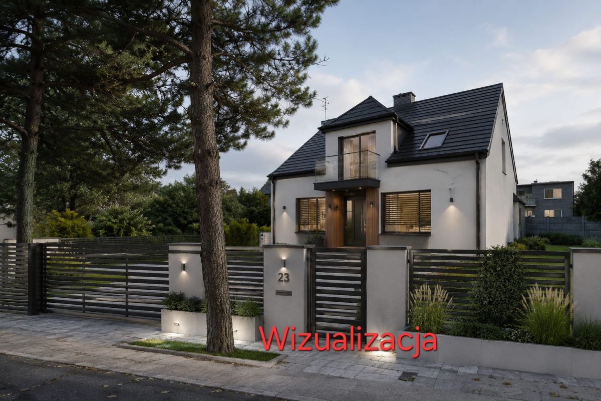 Modern two‑story white house with black roof behind a gray slatted fence and gate, surrounded by trees and a landscaped front yard.