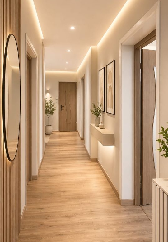 Long modern hallway with warm recessed lighting, wooden floor, potted plants, and framed art along white walls.