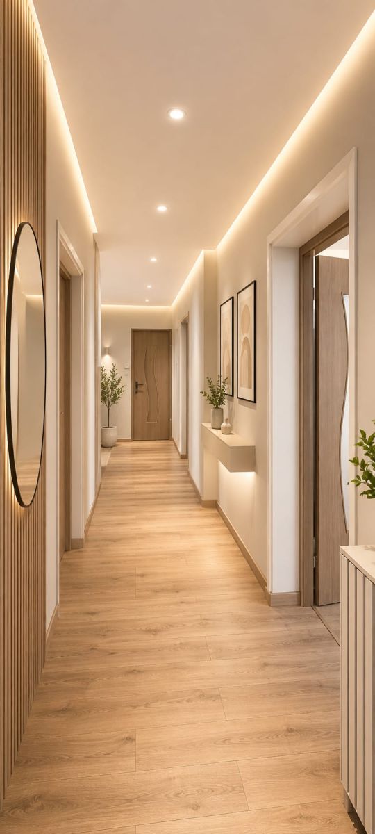 Long modern hallway with warm recessed lighting, wooden floor, potted plants, and framed art along white walls.