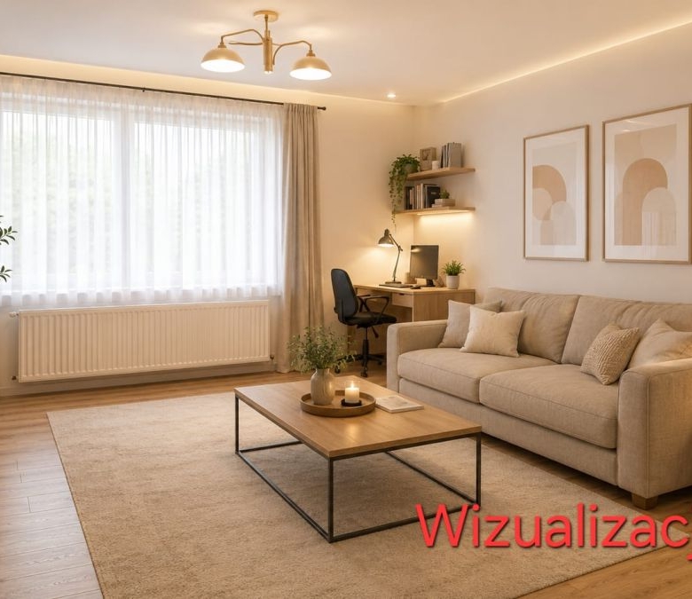 Modern living room with beige sofa, wooden coffee table, TV wall, and a study desk by a window; warm ambient lighting; watermark 'Wizualizacja'.
