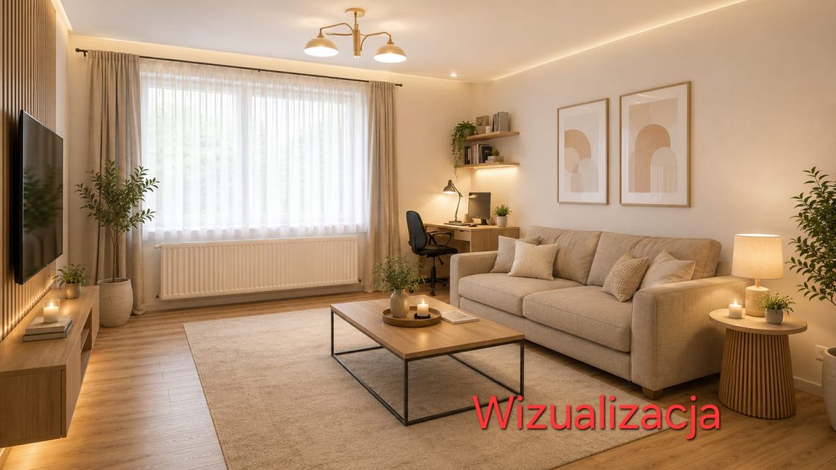 Modern living room with beige sofa, wooden coffee table, TV wall, and a study desk by a window; warm ambient lighting; watermark 'Wizualizacja'.
