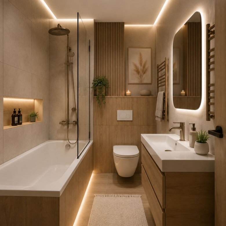 Modern beige bathroom with a wooden vanity, built-in bathtub, glass shower partition, and a backlit oval mirror.