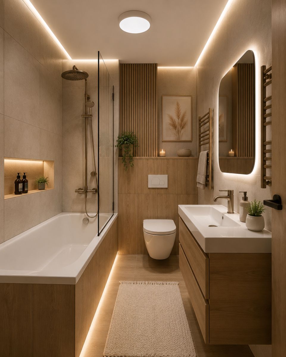 Modern beige bathroom with a wooden vanity, built-in bathtub, glass shower partition, and a backlit oval mirror.