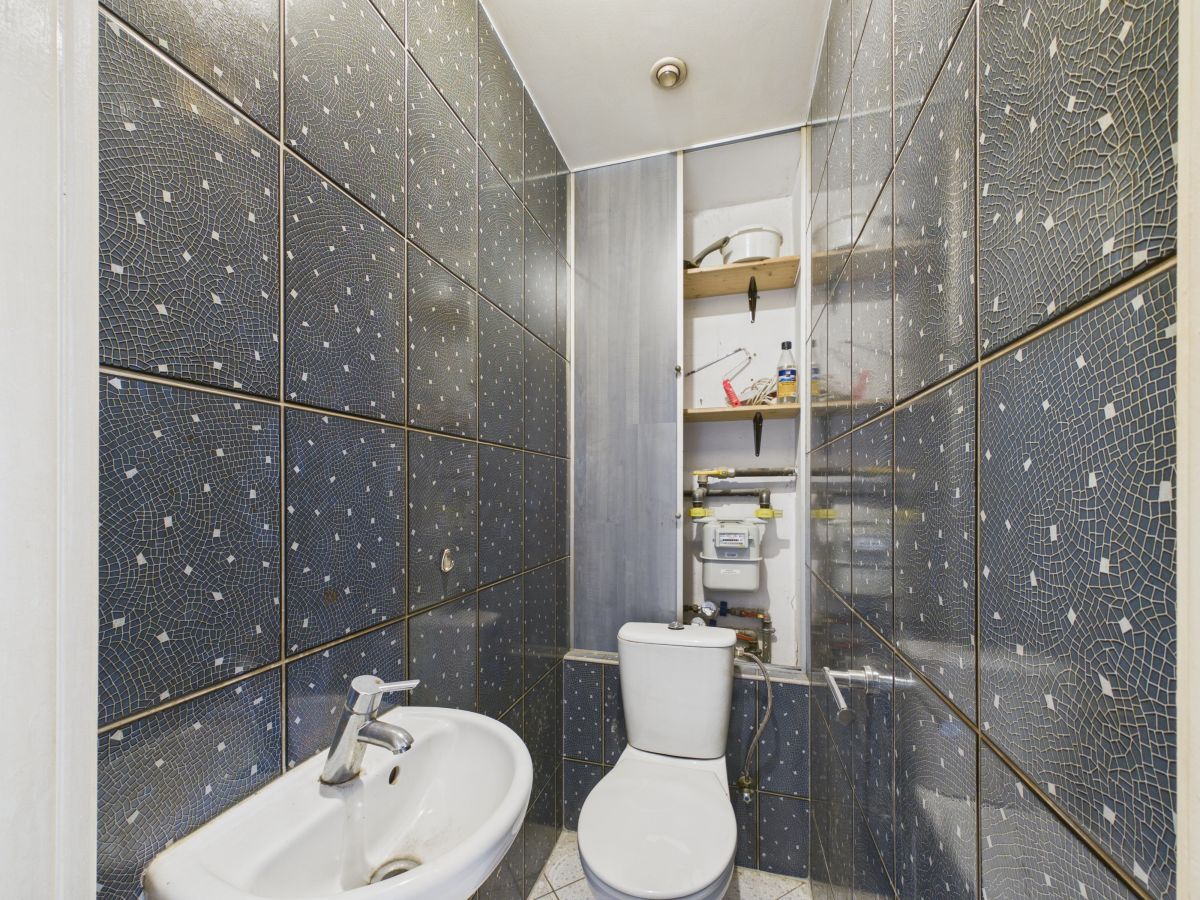 Narrow bathroom with blue mosaic tile walls, white toilet and sink, and a small shelf area with exposed plumbing behind the toilet.