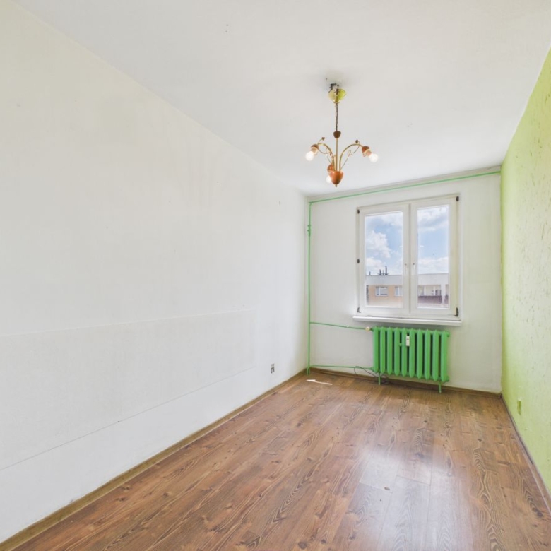 A nearly empty room with white walls, a lime-green accent wall, and a green radiator under the window; wooden floor and a hanging chandelier.