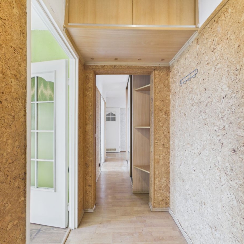 Narrow hallway with OSB walls, open doorway to a room, and built-in shelves along one side; light wood flooring and ceiling panels create a warm, unfinished look.