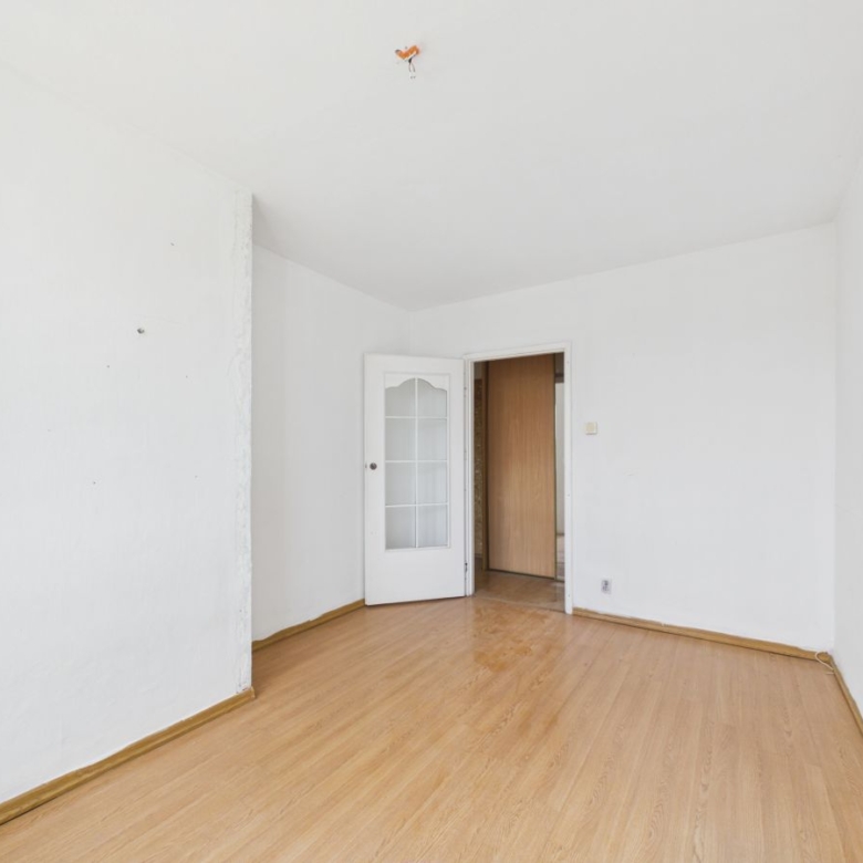 Empty white room with a light wood floor and an open door with glass panels leading to another room.