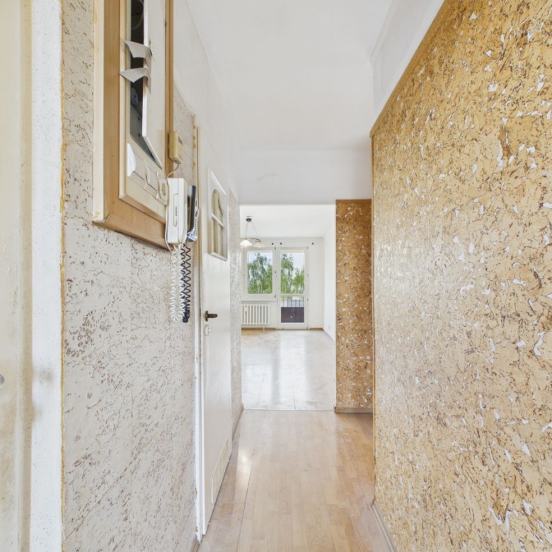 Narrow apartment hallway with a cork wall on the right and an intercom on the left, leading to a bright room with a balcony door.