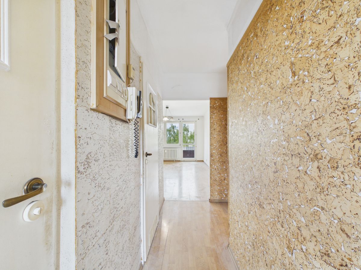 Narrow apartment hallway with a cork wall on the right and an intercom on the left, leading to a bright room with a balcony door.