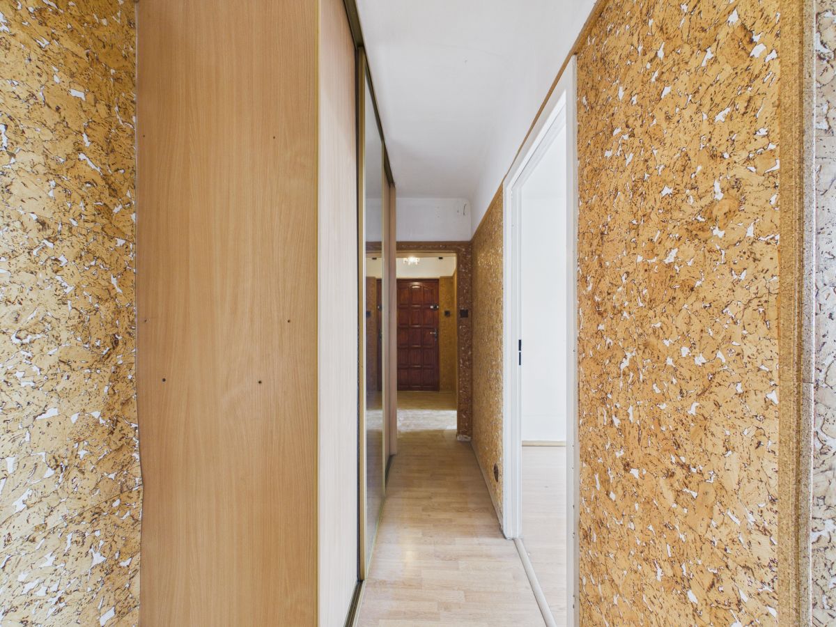 Narrow hallway with cork walls and a wood-paneled closet on the left, white doorway on the right, leading to a brown door at the far end.