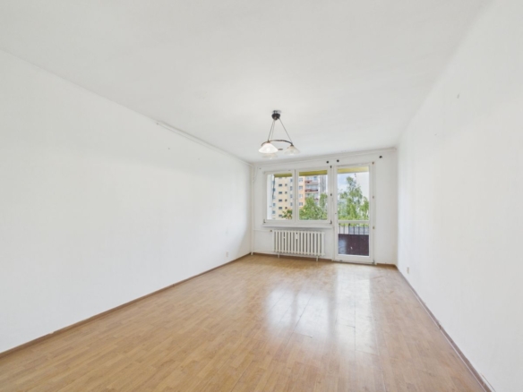 Empty living room with white walls, light wood floor, and a glass door to a balcony under a small ceiling light fixture.