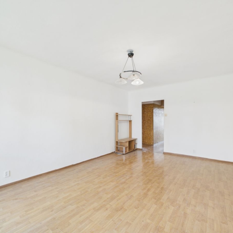 Empty living room with light wood floor and white walls, a small wooden shelf in the corner, and a doorway to a brown textured hallway; ceiling light fixture above