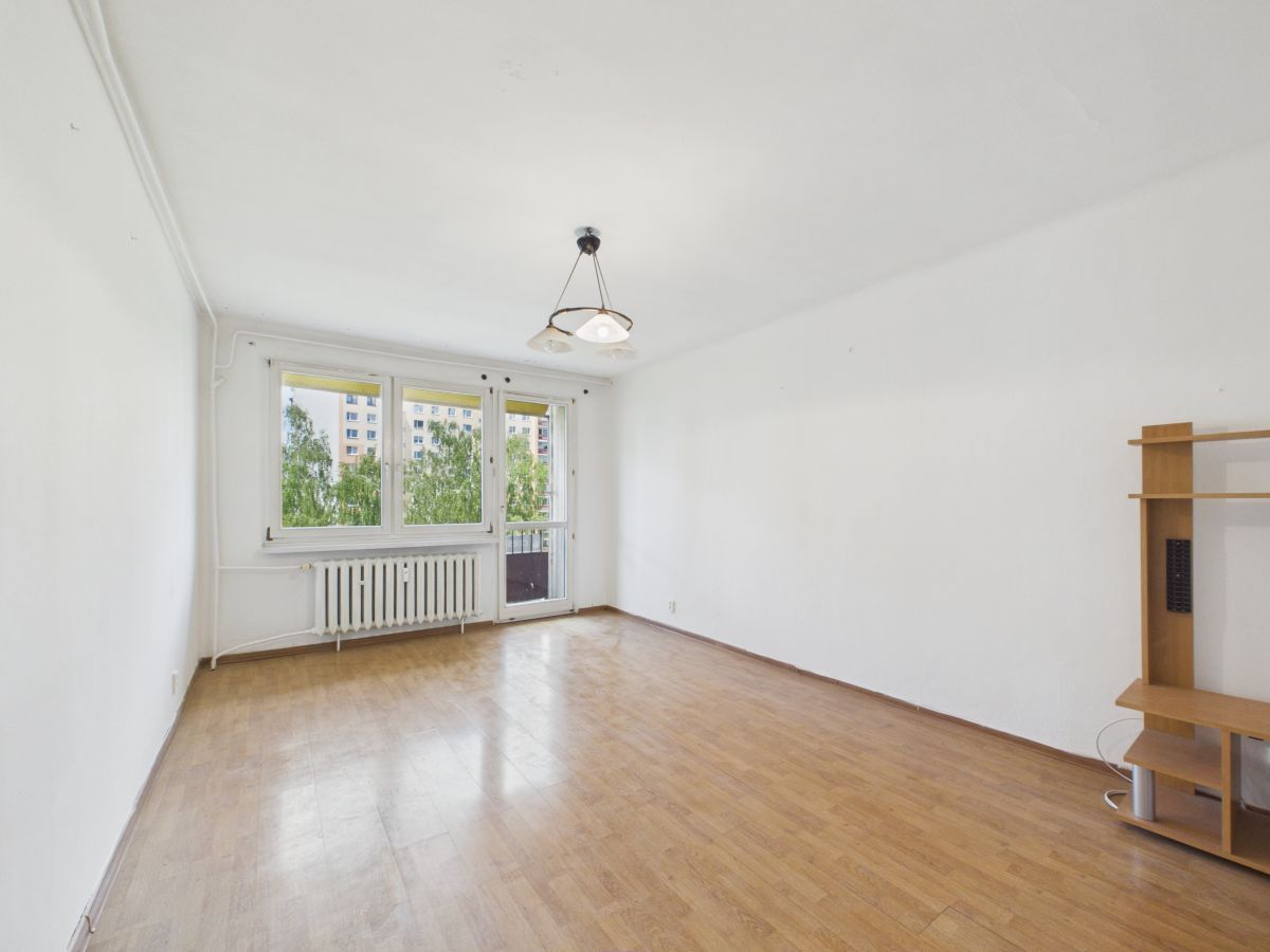 Empty living room with light wood floor, white walls, and a large windowed wall facing trees; a radiator under the windows and a balcony door visible, plus a small wooden TV stand on the right.