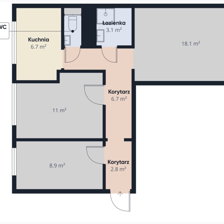 Apartment floor plan: kitchen, bathroom, toilet, two hallways, and rooms 11 m², 8.9 m², and 18.1 m²; entry at bottom-right area.
