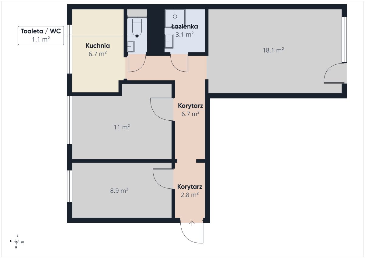 Apartment floor plan: kitchen, bathroom, toilet, two hallways, and rooms 11 m², 8.9 m², and 18.1 m²; entry at bottom-right area.