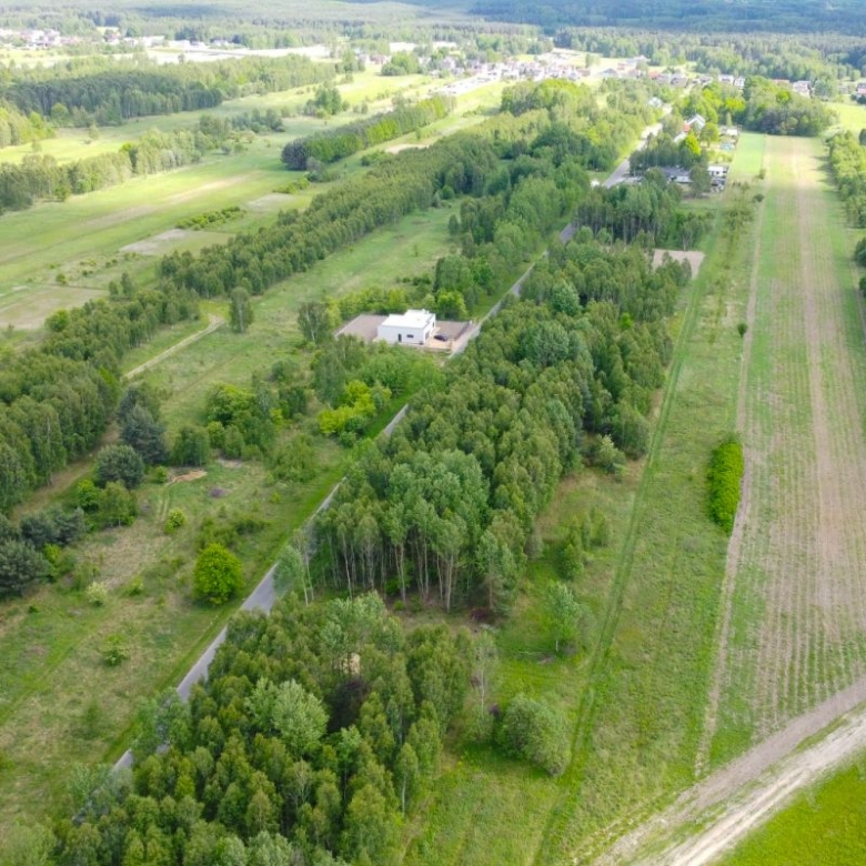 Aerial view of a rural landscape with a central tree-lined road, fields, and a white building surrounded by trees.