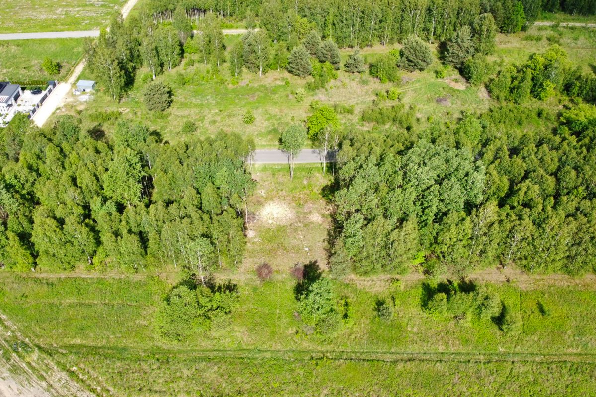 Aerial view of a rural landscape with a road through a forested area and open fields on either side.