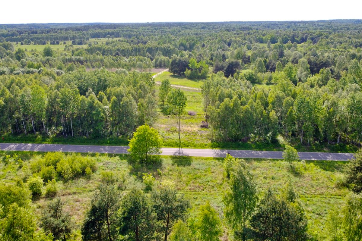 Aerial view of a rural landscape with a paved road running horizontally through the green fields and trees scattered along the edges.