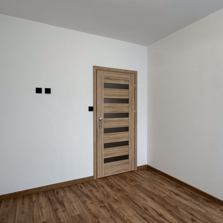 Empty white-walled room with a wooden door that has horizontal frosted-glass panels and a wood floor.