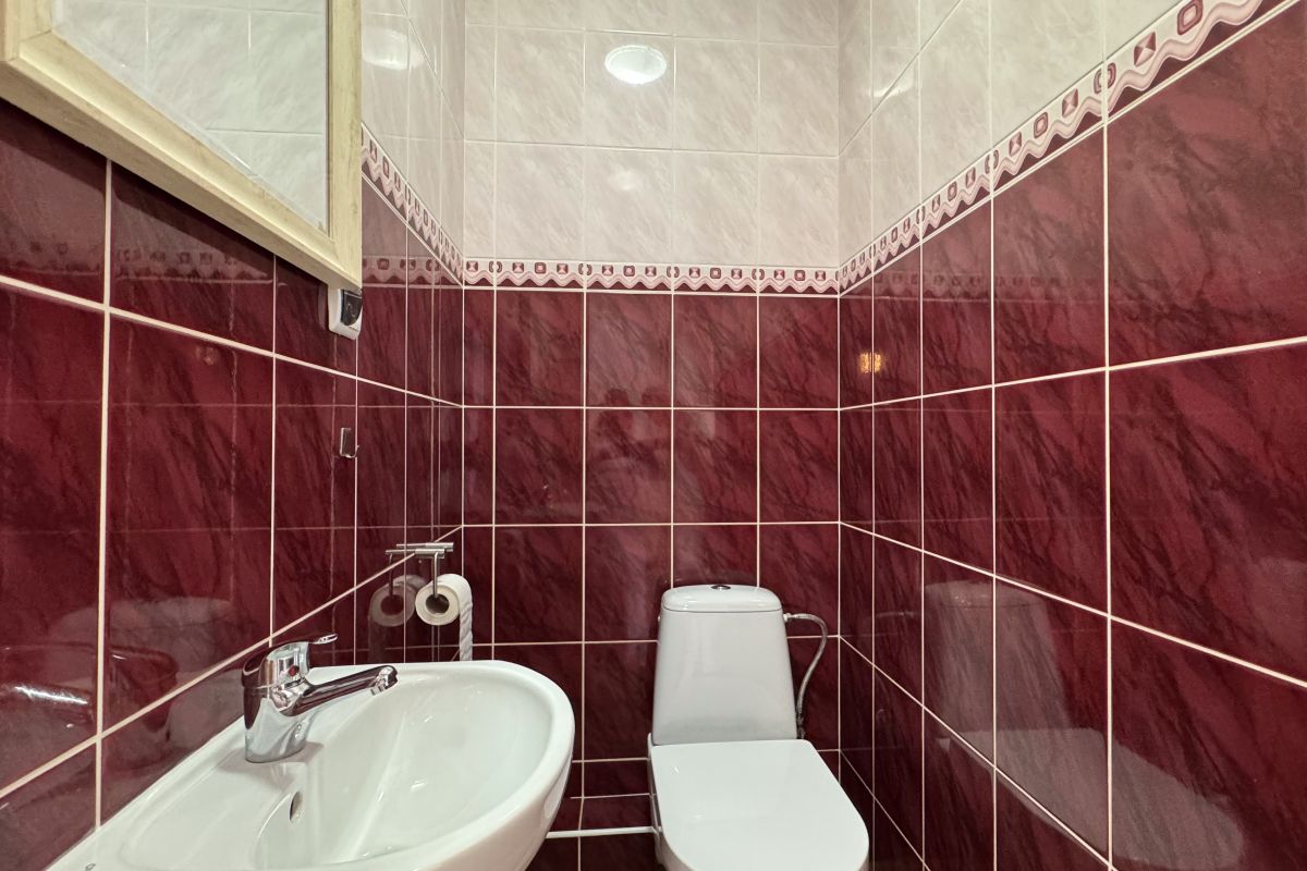 Small burgundy-tiled bathroom with a white sink and toilet, a wall mirror cabinet, and a toilet paper holder visible on the wall.