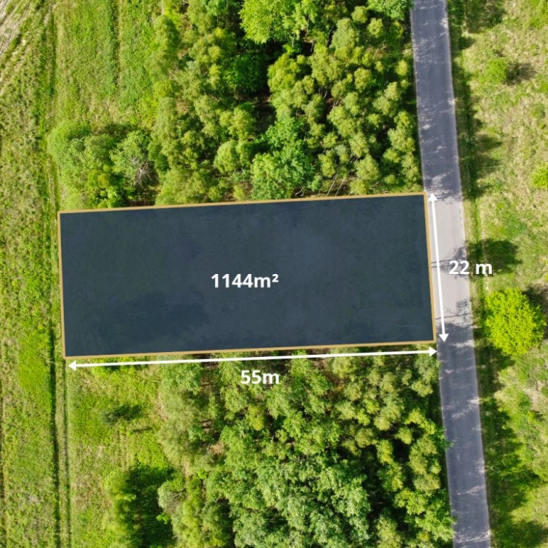 Aerial view of a rectangular plot showing 1,144 m² area, 55 m long by 22 m wide, with a road along the right edge and surrounding trees.