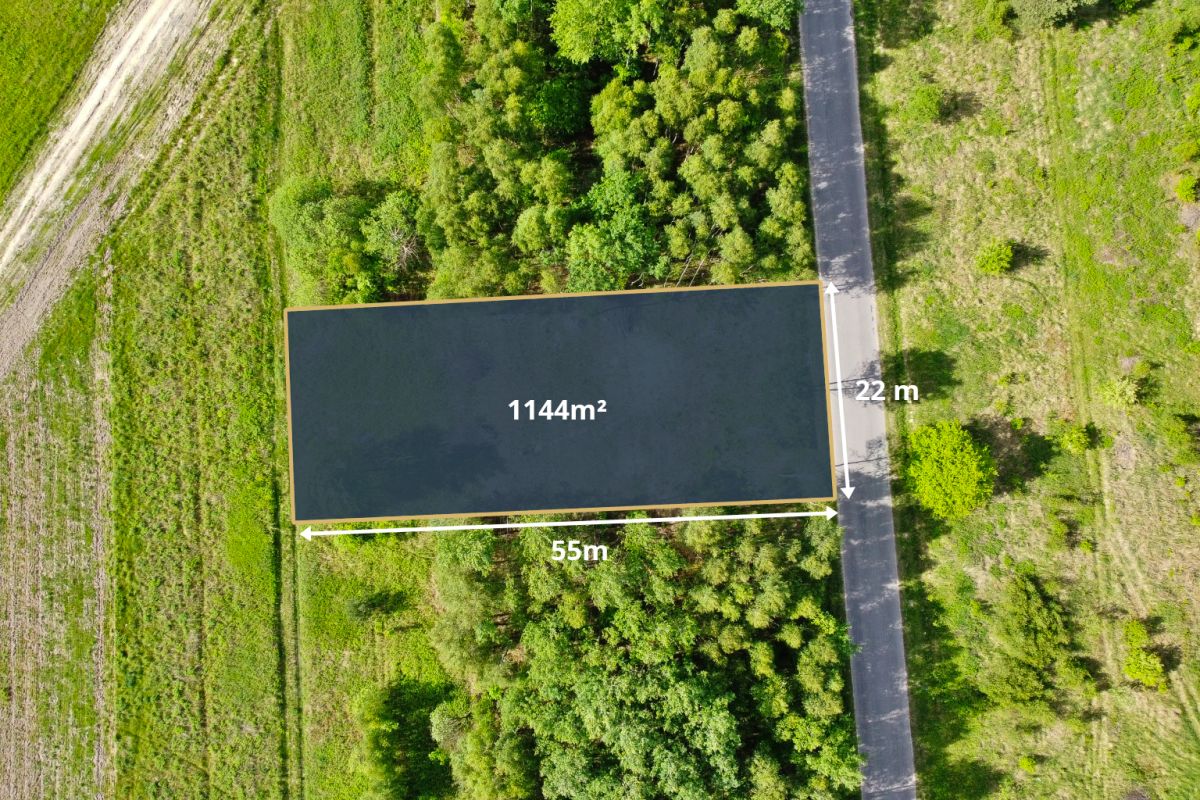 Aerial view of a rectangular plot showing 1,144 m² area, 55 m long by 22 m wide, with a road along the right edge and surrounding trees.