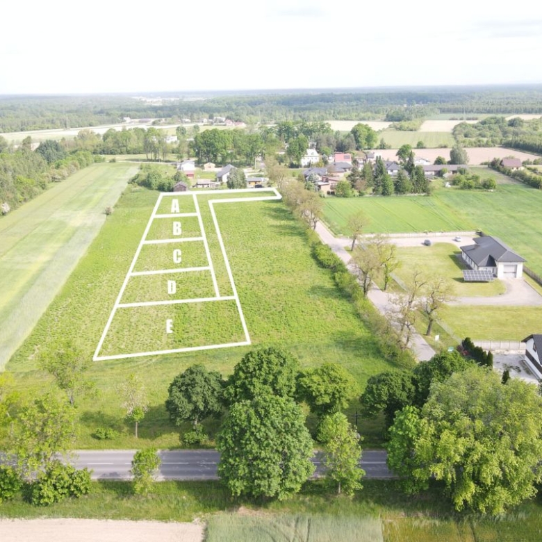 Aerial view of a field divided into six labeled lots A–F, with surrounding trees and nearby houses.
