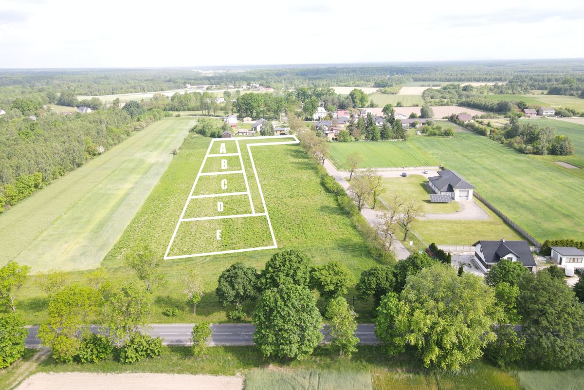 Aerial view of a field divided into six labeled lots A–F, with surrounding trees and nearby houses.
