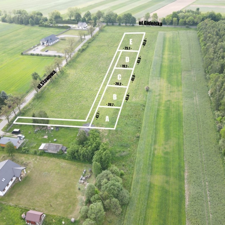 Aerial view of a rural land subdivision with five plots labeled A–E and streets ul. Stawowa (west) and ul. Gidelska (north).