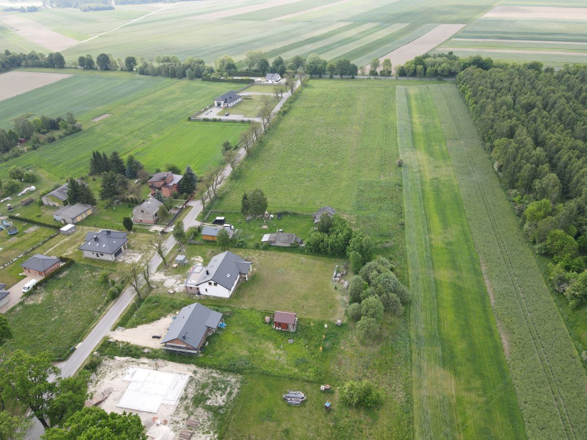 Aerial view of a rural village with houses along a road, surrounded by large green fields and a tree-lined boundary.