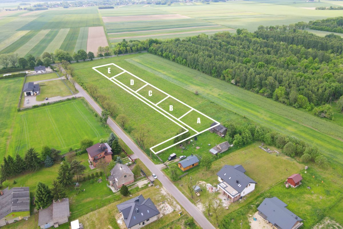 Aerial view of a rural field with five outlined plots labeled A to E in white lines near a small village.