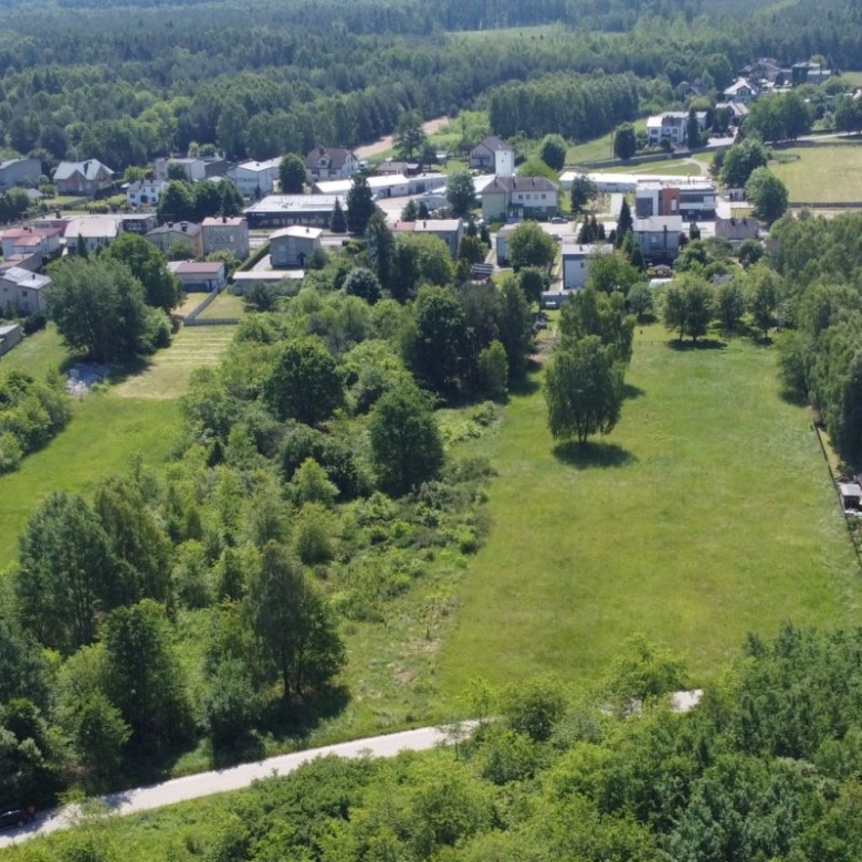 Aerial view of a small town with green fields, scattered trees, and houses along streets, with a road in the foreground.