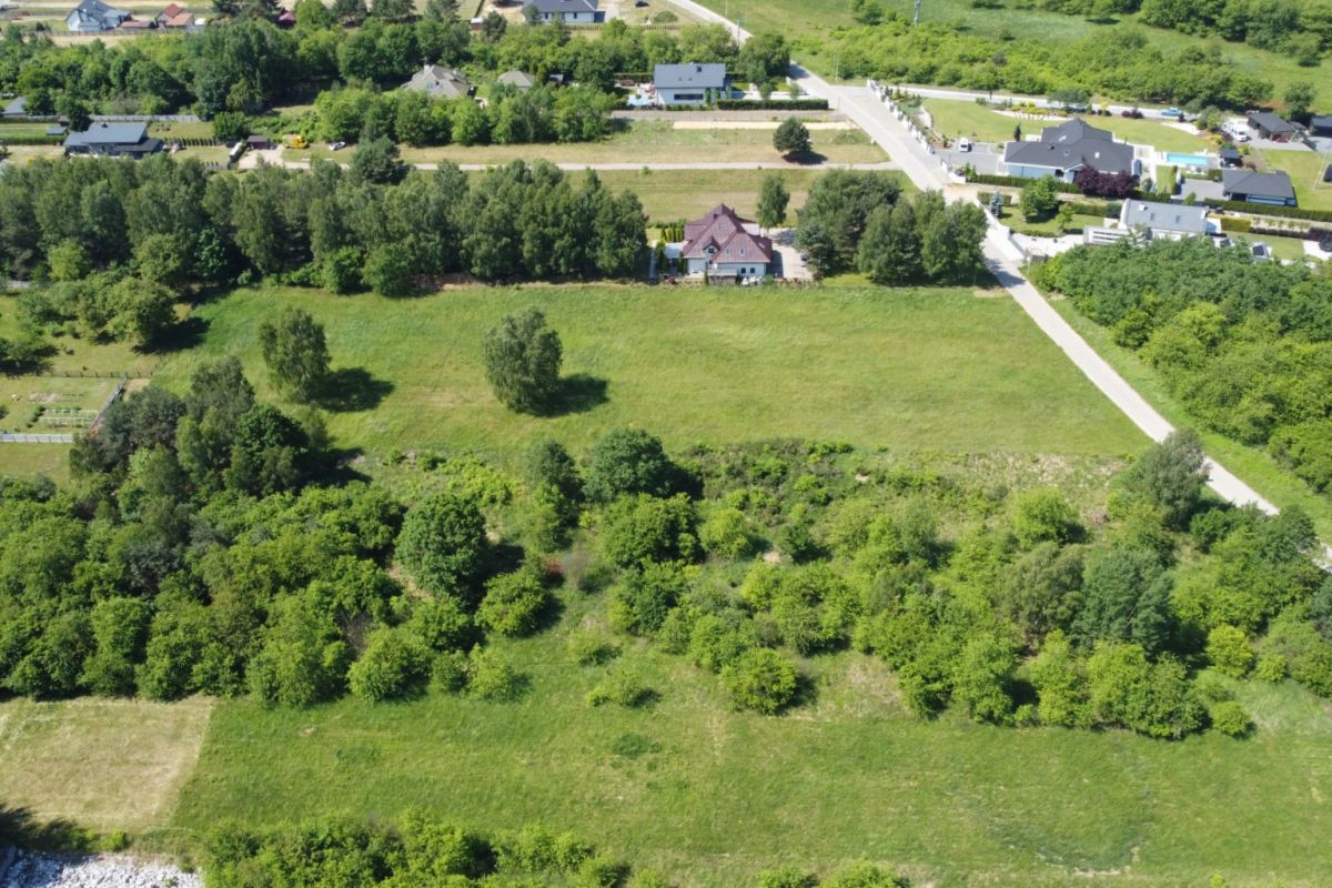 Aerial view of a residential area with a red-roofed house surrounded by trees, open grassy fields, and a network of roads.