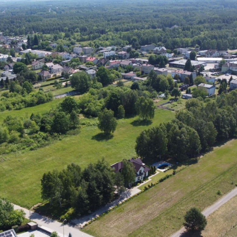 Aerial view of a rural town with houses, green fields and tree-lined streets.