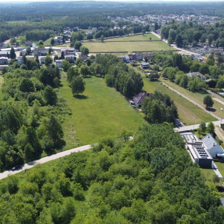 Aerial view of a suburban area with grassy fields, trees, and houses along winding roads